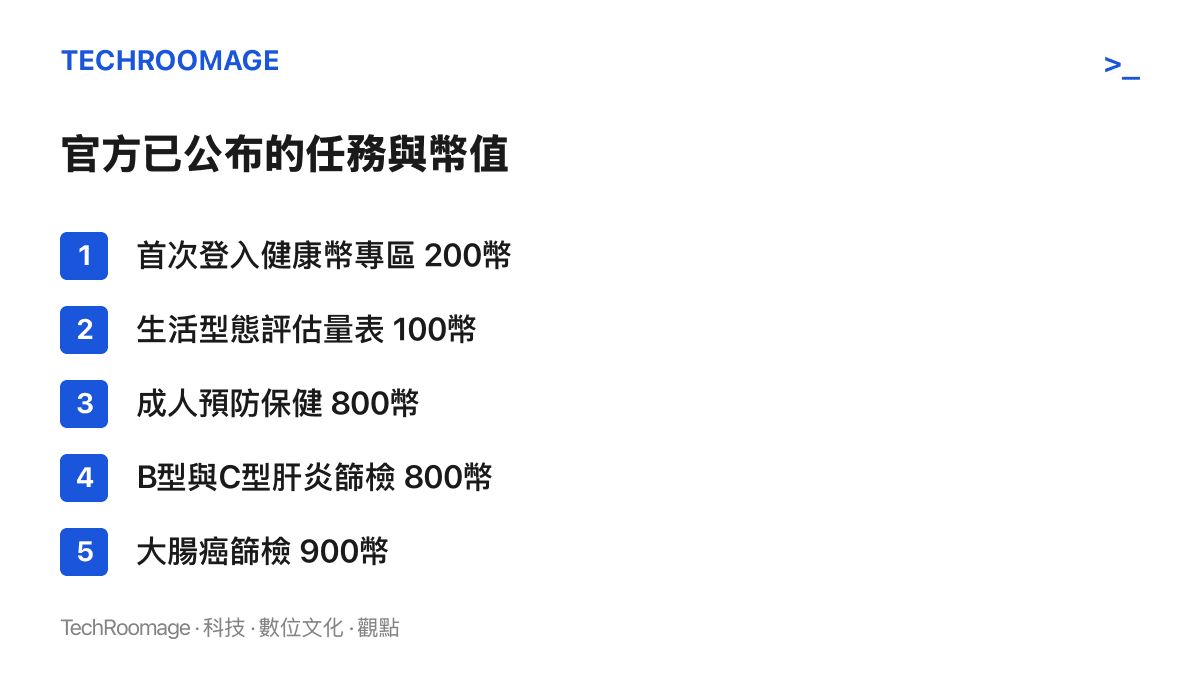 清單圖卡列出健康幣任務對應的幣值：首次登入專區兩百幣、評估量表一百幣、成人預防保健與B型C型肝炎篩檢各八百幣、大腸癌篩檢九百幣