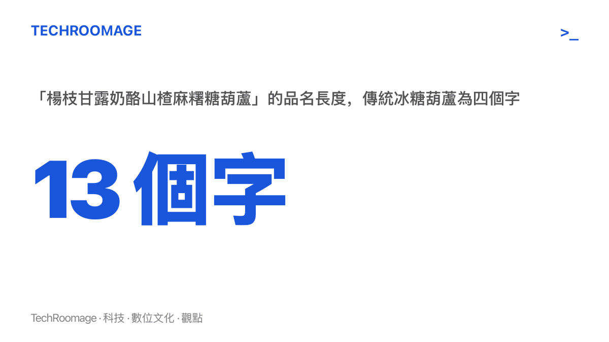 統計圖卡呈現新款糖葫蘆品名長達十三個字，對照傳統冰糖葫蘆僅四個字，顯示品名長度的膨脹幅度