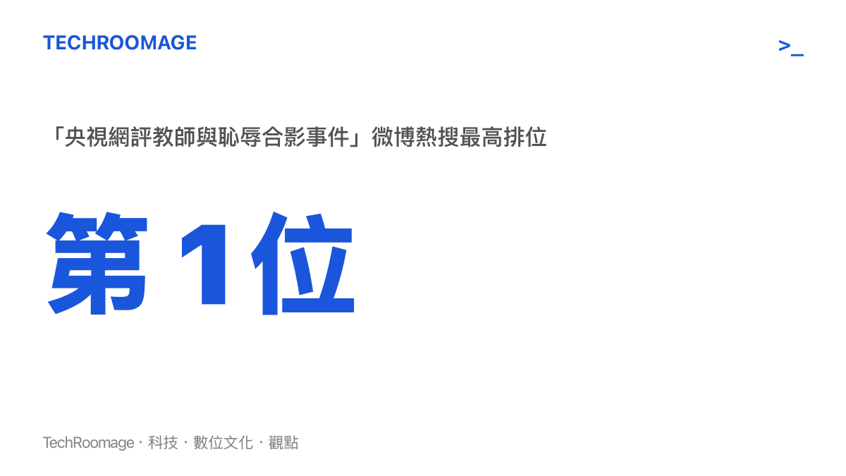 統計圖卡呈現央視網評論教師與恥辱合影事件的詞條登上微博熱搜第一名的排位