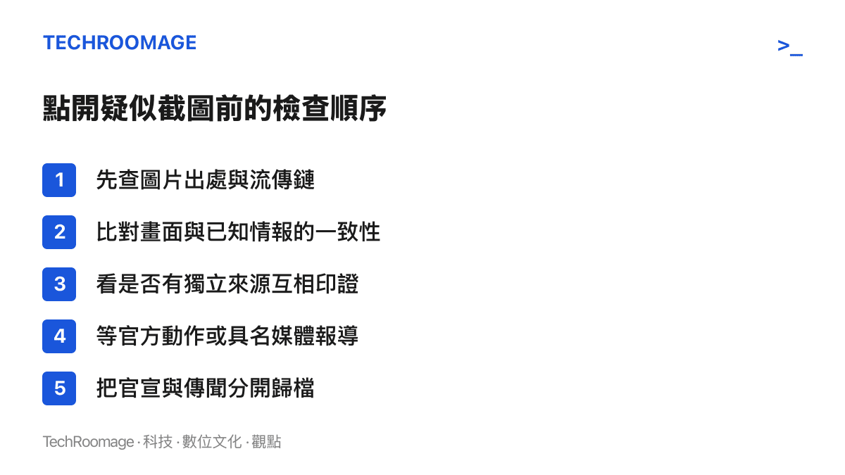 清單圖列出檢視疑似遊戲洩漏截圖的五個步驟，從查證出處、比對一致性、尋找獨立印證，到等待官方或具名媒體回應