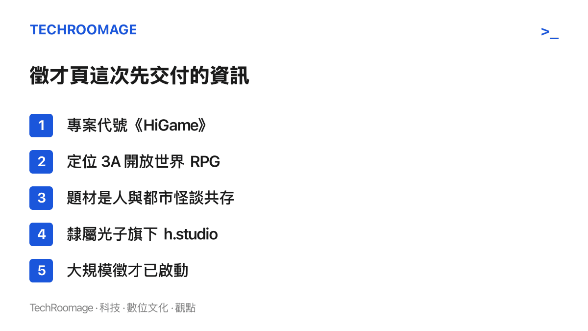 清單圖列出騰訊光子《HiGame》徵才啟事確認的五項資訊，包含專案代號、3A 開放世界 RPG 定位、人與都市怪談共存題材、h.studio 工作室歸屬與大規模徵才狀態
