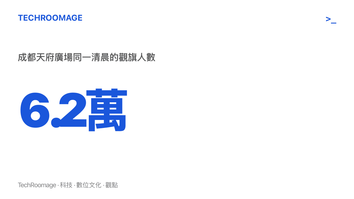 統計圖卡呈現成都天府廣場在10月1日清晨聚集6.2萬人觀看升旗儀式的規模