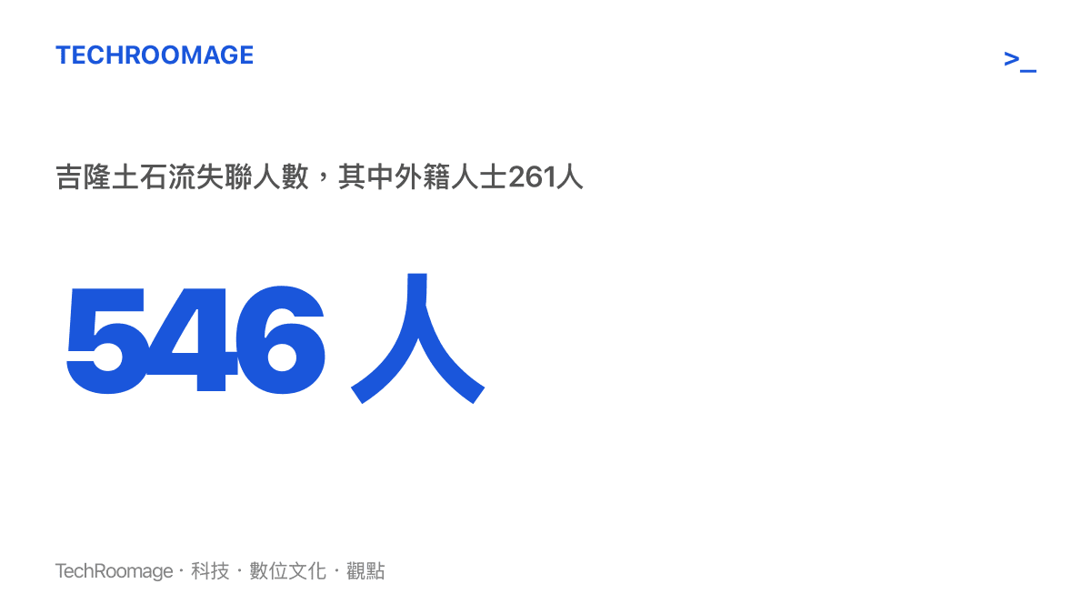 統計圖卡呈現吉隆土石流546人失聯的災情規模，其中外籍人士261人佔接近半數