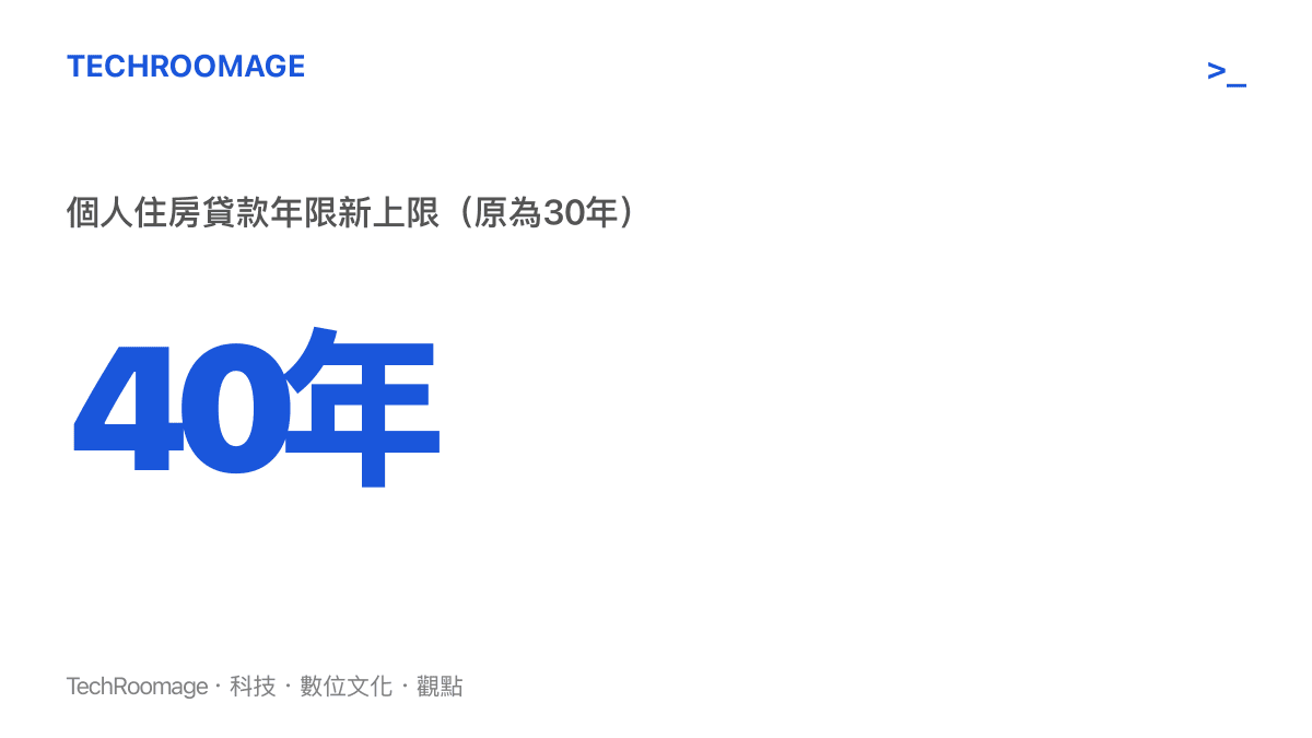 統計圖卡呈現中國個人住房貸款最長年限由30年上調至40年，這是8月28日晚間房地產信貸新政的核心數字