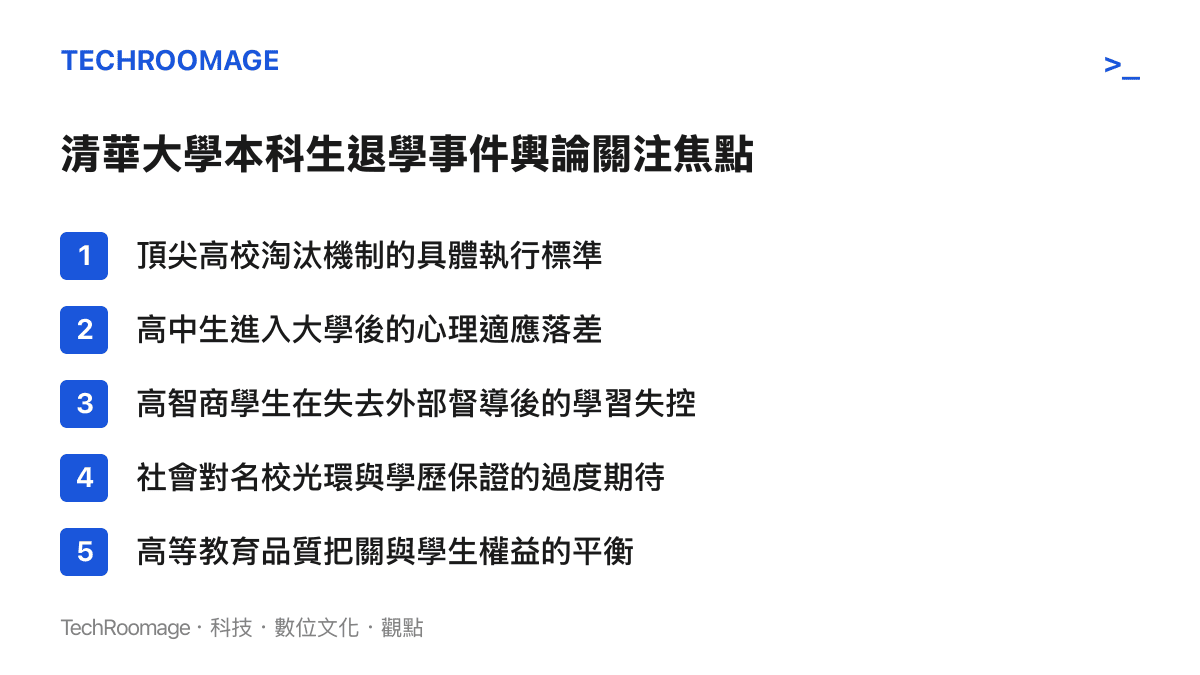 清單列出清華大學本科生退學事件在社羣引發討論的五個主要輿論關注焦點