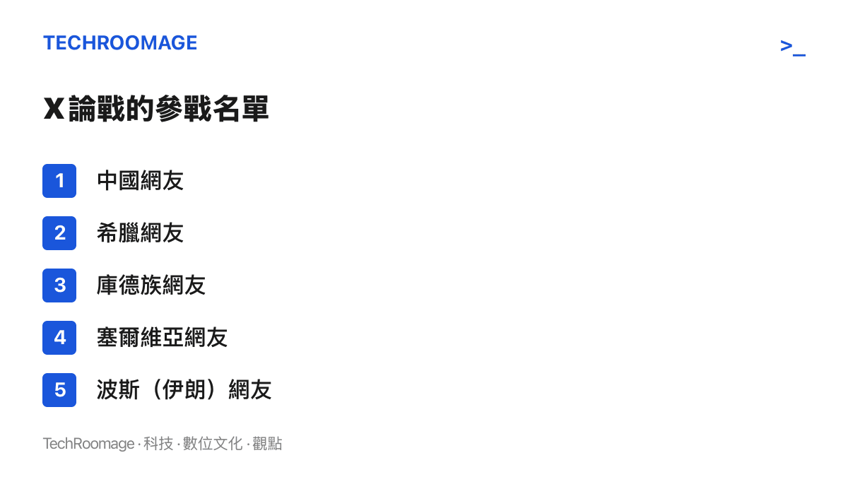 這張圖列出到場回覆土耳其歷史主張的五方網友：中國、希臘、庫德族、塞爾維亞與波斯（伊朗），呈現多方參戰的完整名單
