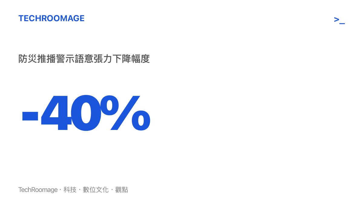 統計數據示意圖，指出無害名稱可能導致防災推播在直覺上的警示效果大幅下降
