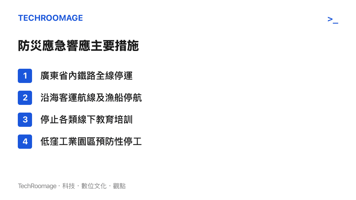 條列式清單呈現廣東與福建沿海地區為防範颱風紅霞所採取的鐵路停運、停航、停止線下培訓與停工等主要應急響應措施