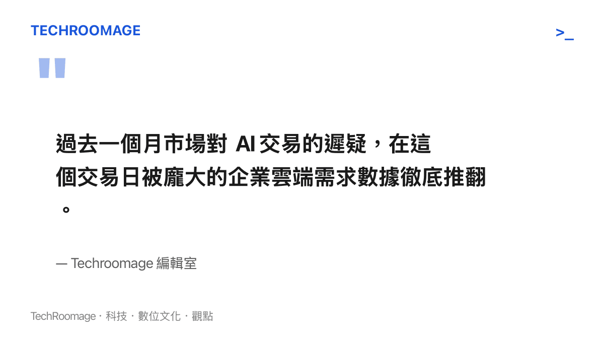 引述編輯室觀點，指出七月份市場對人工智慧交易的遲疑，已被企業雲端需求數據徹底推翻。