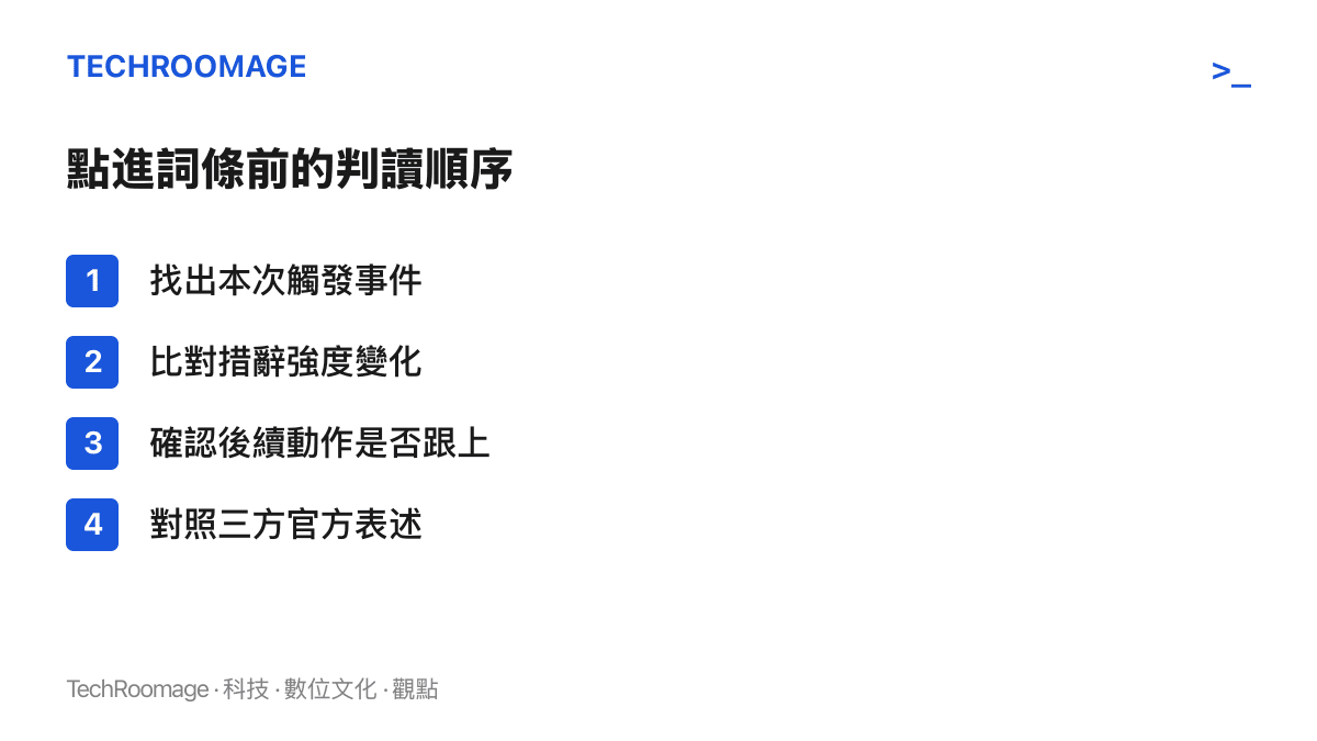 清單圖卡列出判讀外交類熱榜詞條的四個步驟：找出觸發事件、比對措辭強度變化、確認後續動作、對照三方官方表述