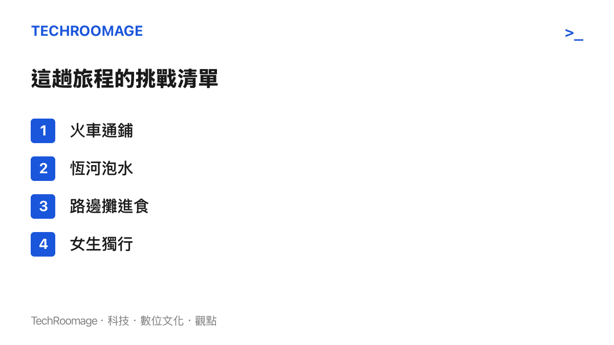 清單圖卡列出這趟印度獨行影片的四個挑戰項目：火車通鋪、恆河泡水、路邊攤進食與女生獨行，說明每一項行程同時對應觀眾預設的風險與影片的可看點