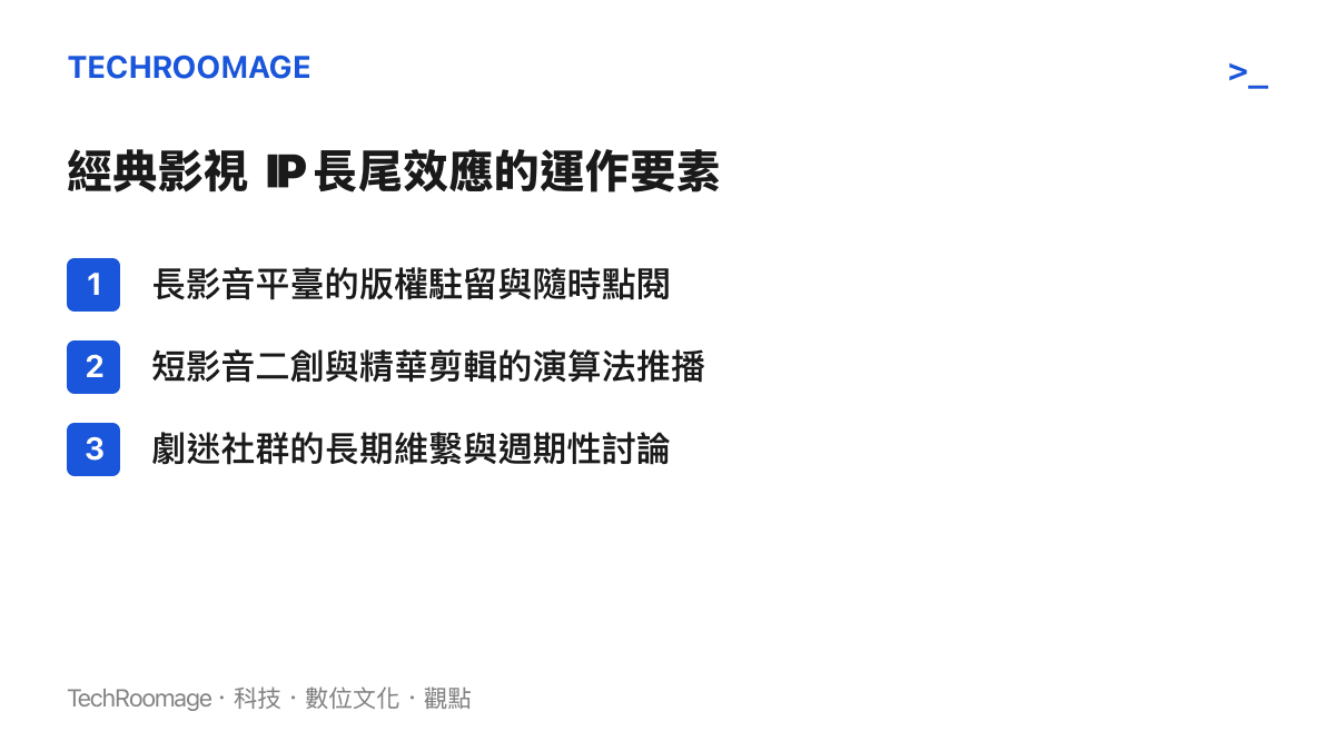 列舉長尾效應運作要素的清單，包含版權駐留、短影音演算法與社羣維繫等三個項目。