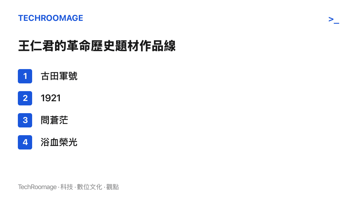 清單圖列出王仁君在古田軍號、1921、問蒼茫、浴血榮光四部革命歷史題材作品中的演出足跡