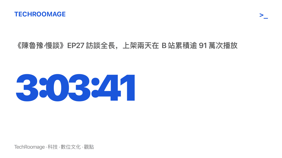 統計圖卡呈現王凱接受陳魯豫專訪的節目全長為三小時三分四十一秒，該集影片播客上架兩天在 B 站累積超過九十一萬次播放