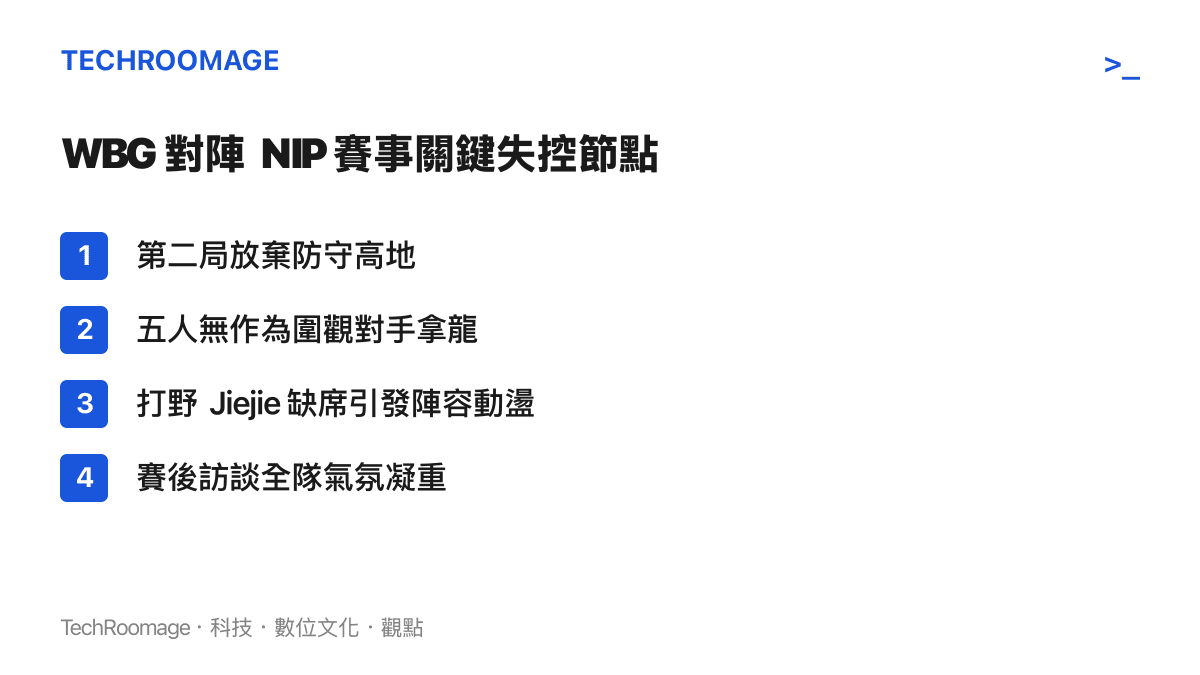 整理 WBG 在對陣 NIP 比賽中出現的數個嚴重戰術與溝通失誤節點，包含高地不守與圍觀對手拿龍。
