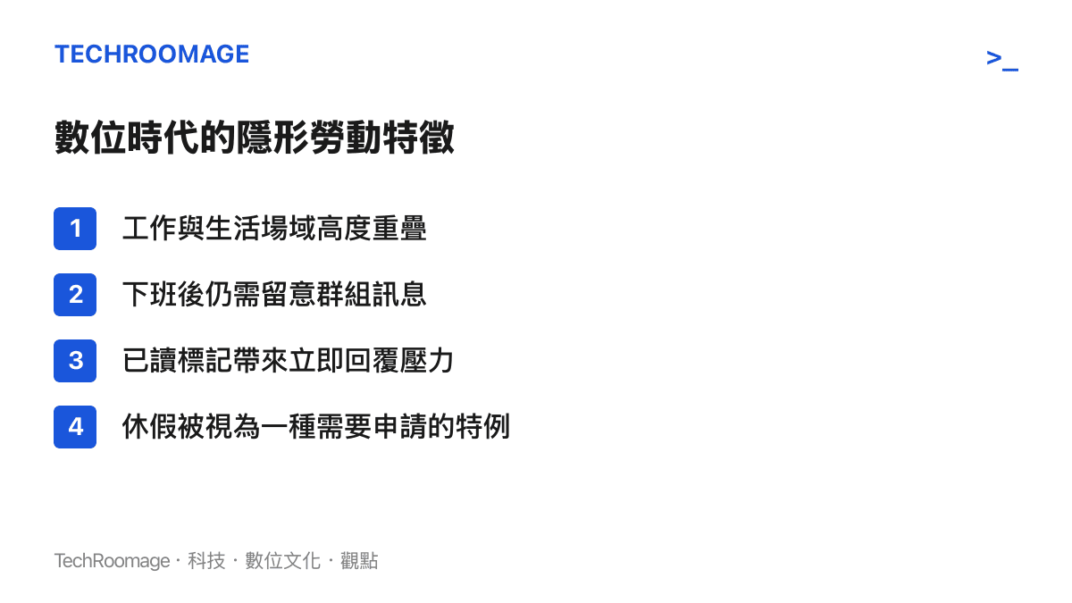 列舉現代工作者面臨的數位隱形勞動特徵，包含場域重疊與已讀壓力等現象
