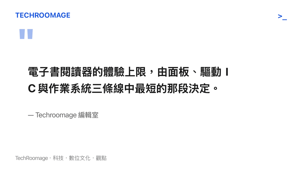 說明電子書閱讀器體驗由面板驅動與系統三者共同決定的編輯室觀點圖卡