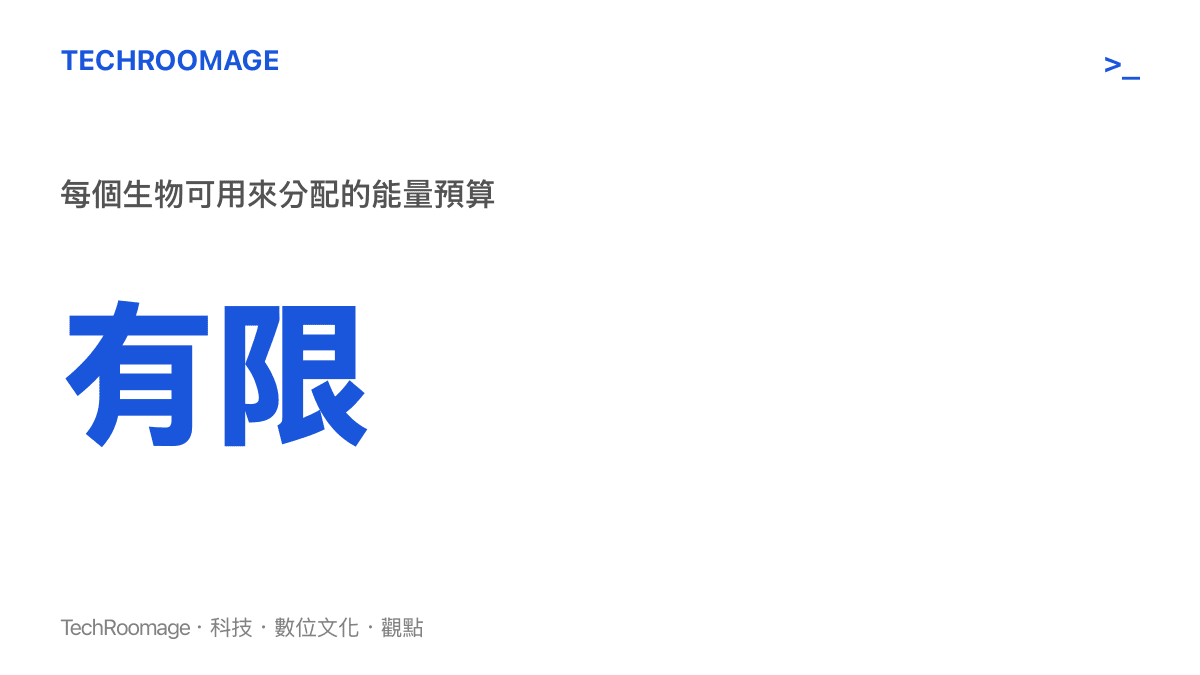 演化生物學中生物能量預算在自我修復與繁殖之間的分配示意