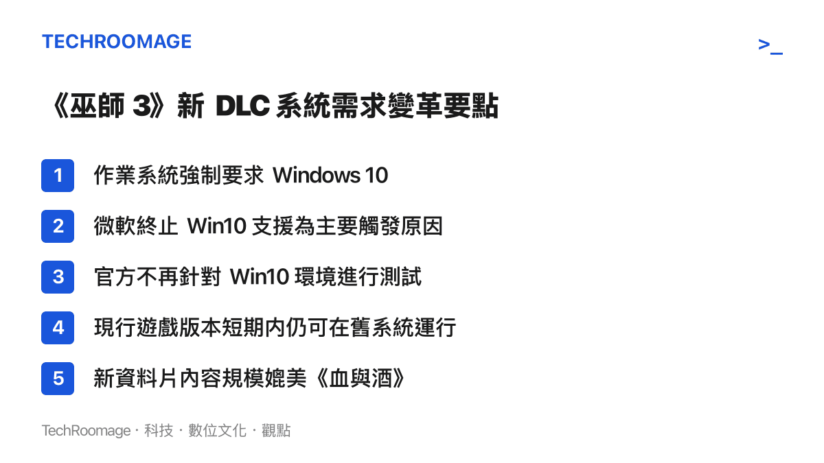 條列式整理《巫師 3》新資料片系統需求變更的重點，包含強制升級 Windows 11 與微軟停止支援的關聯