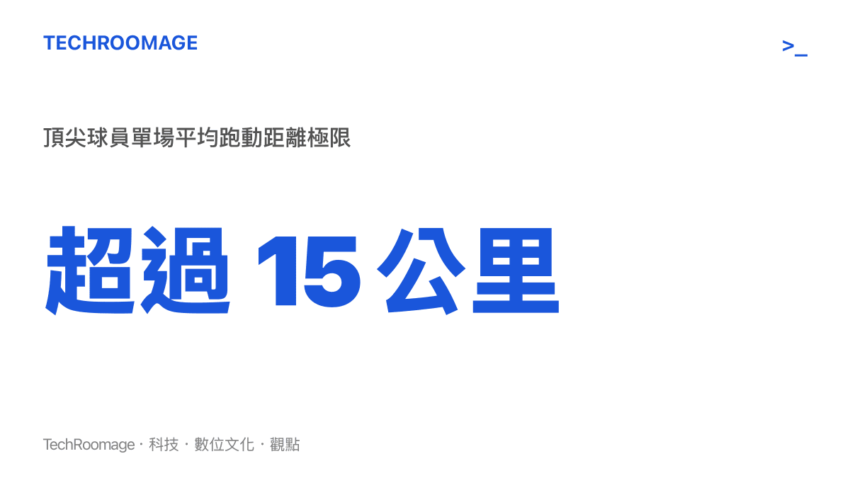 統計數據圖卡呈現現代頂尖足球員在單場比賽中往往需跑動超過十五公里的高負荷數據