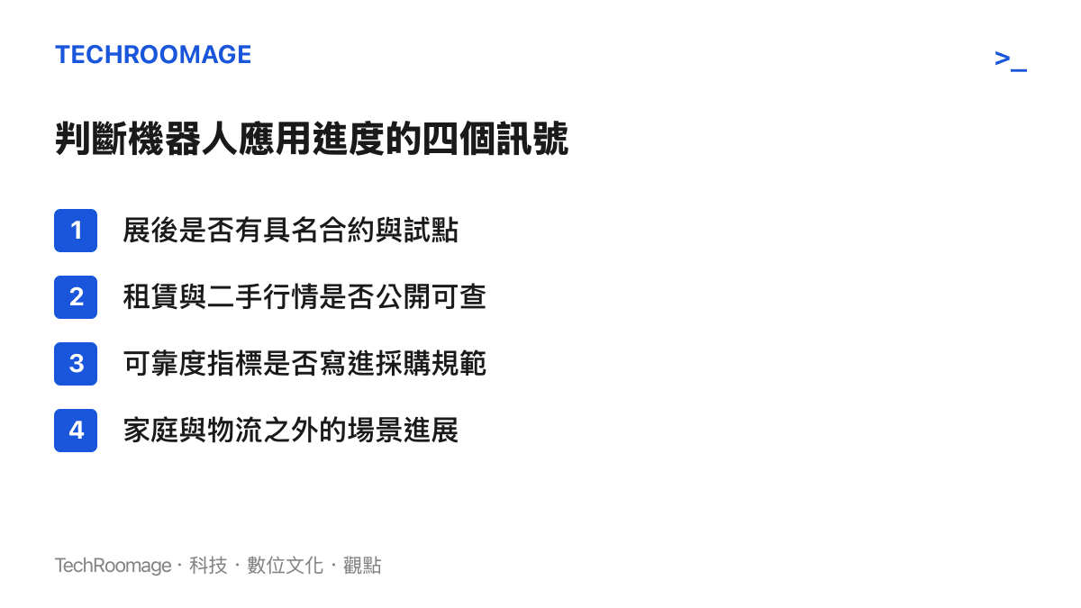 清單圖卡列出判斷機器人應用進度的四個觀察訊號，包含展後合約、租賃與二手行情、採購規範內容，以及更多場景的實際進展