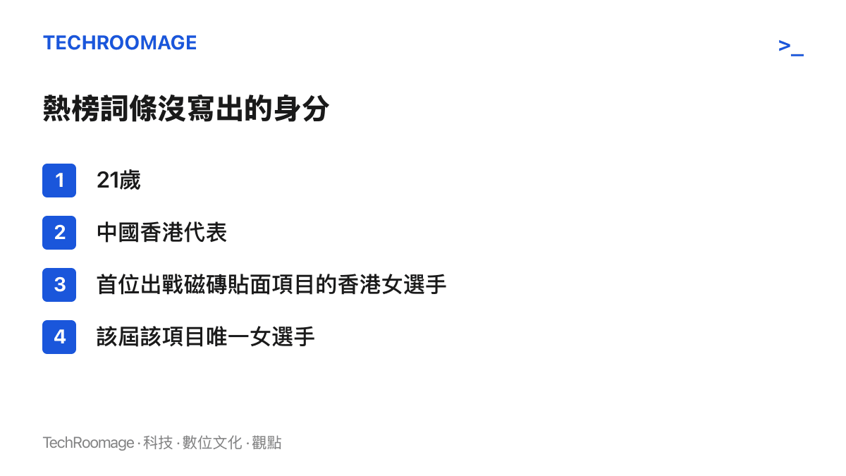 圖卡並列戴心怡在熱榜詞條之外的四項身分：21歲、中國香港代表、首位出戰磁磚貼面項目的香港女選手、該屆該項目唯一女選手
