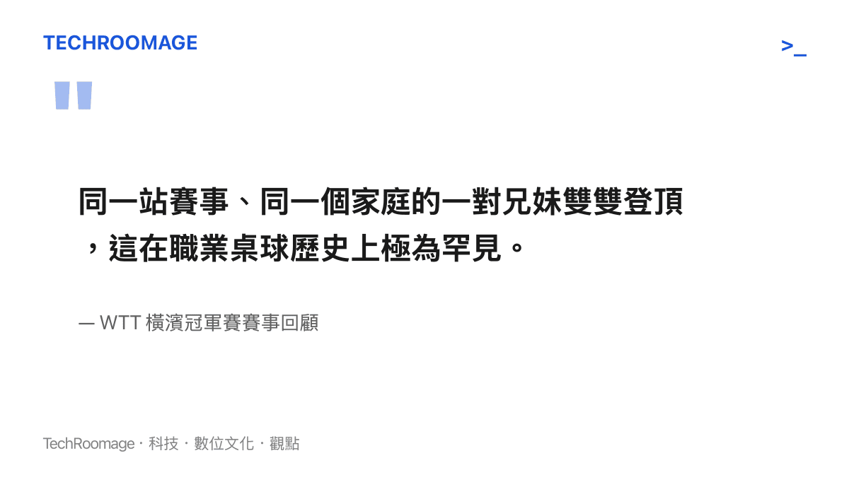 引述 WTT 橫濱冠軍賽中張本兄妹同時奪下男女單打冠軍的罕見賽事紀錄
