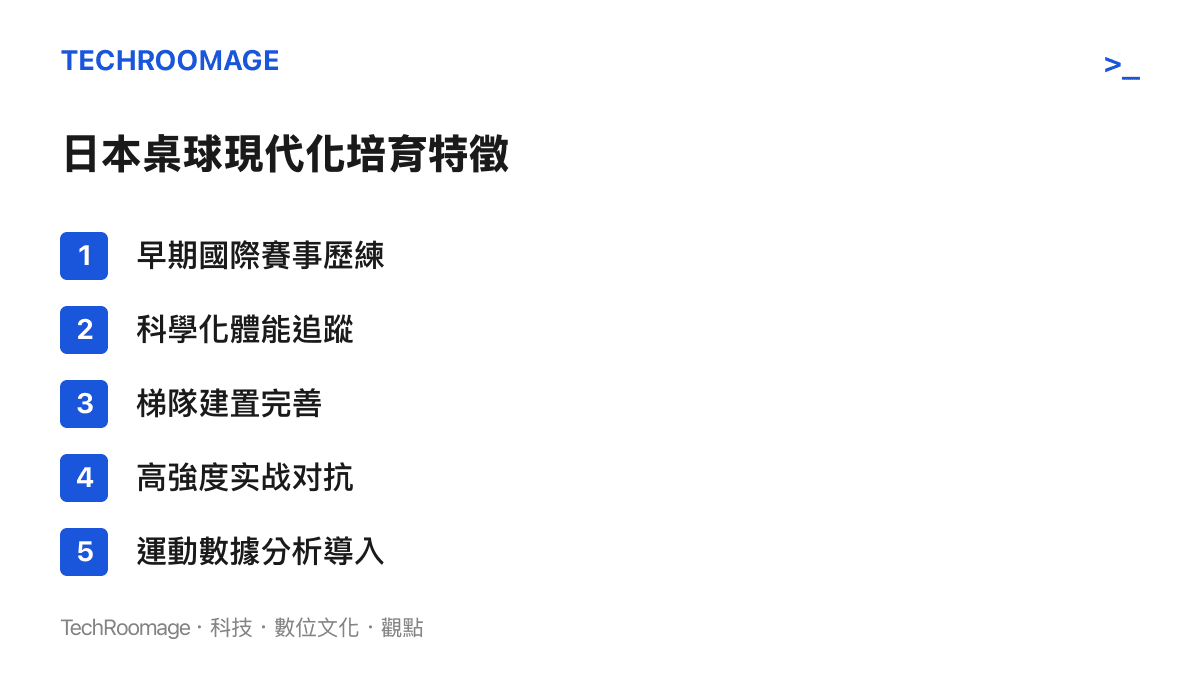 條列式呈現日本桌球現代化培育體系的五大核心特徵，包含早期國際賽事歷練與科學化訓練等項目