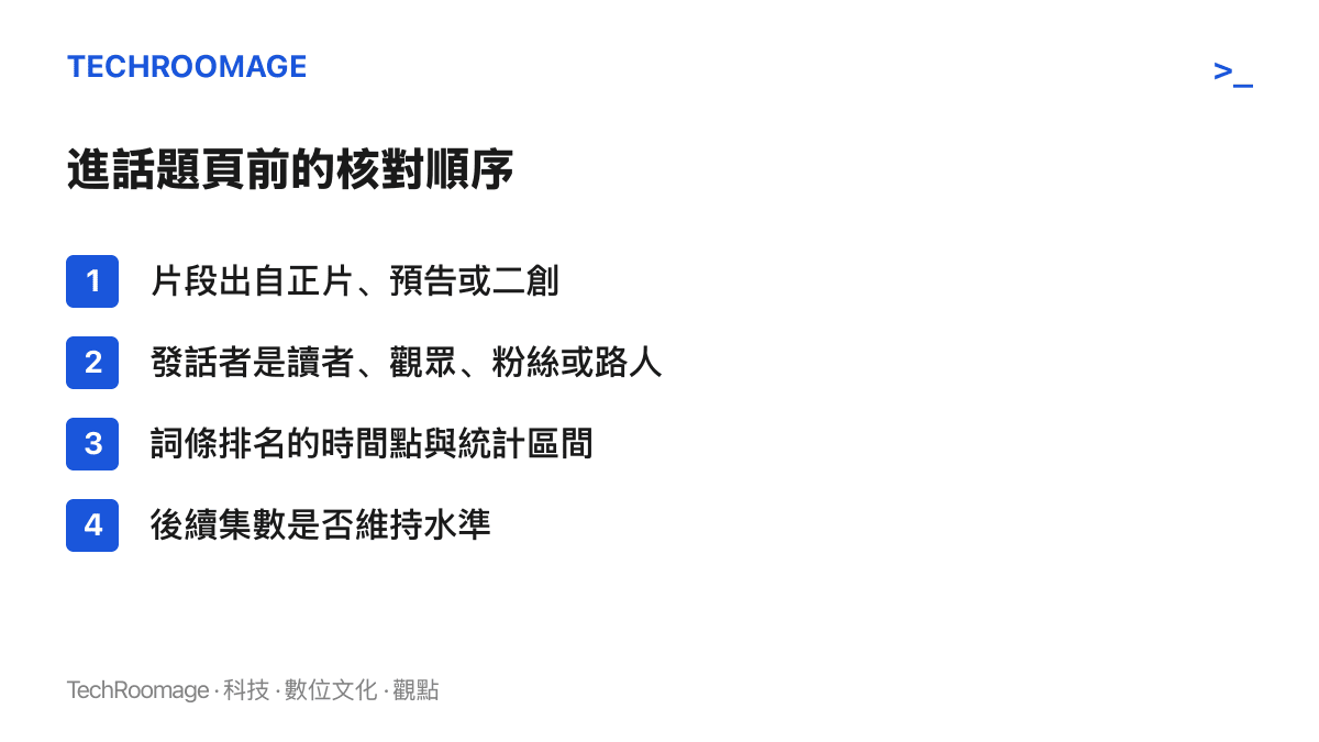 清單圖卡列出點進熱搜話題前可依序確認的四個項目，包括片段出處、發話者身分、詞條排名的時間點，以及後續集數的表現