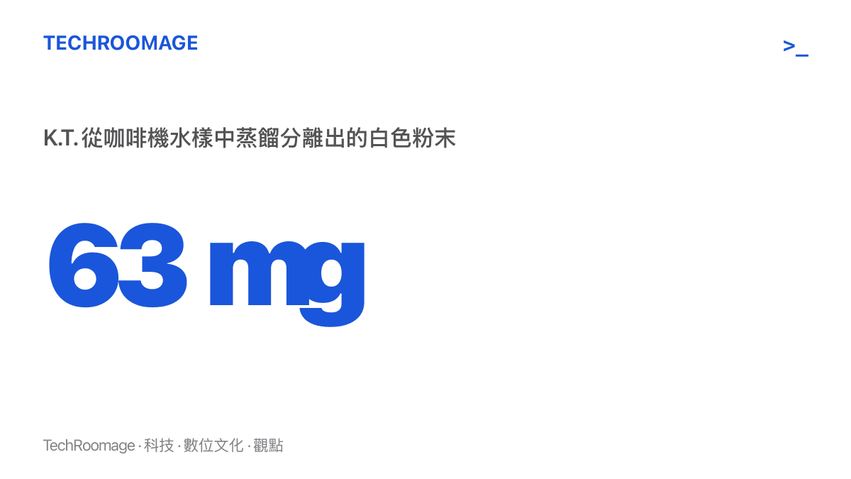 統計圖卡呈現受害人從辦公室咖啡機水樣中蒸餾分離出 63 毫克白色粉末，這是懷俄明大學投毒案的關鍵物證