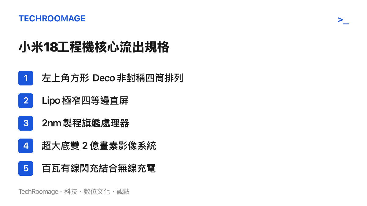 整理小米18工程機目前流出的五項核心硬體規格，包含非對稱鏡頭與2奈米晶片等重點升級項目。