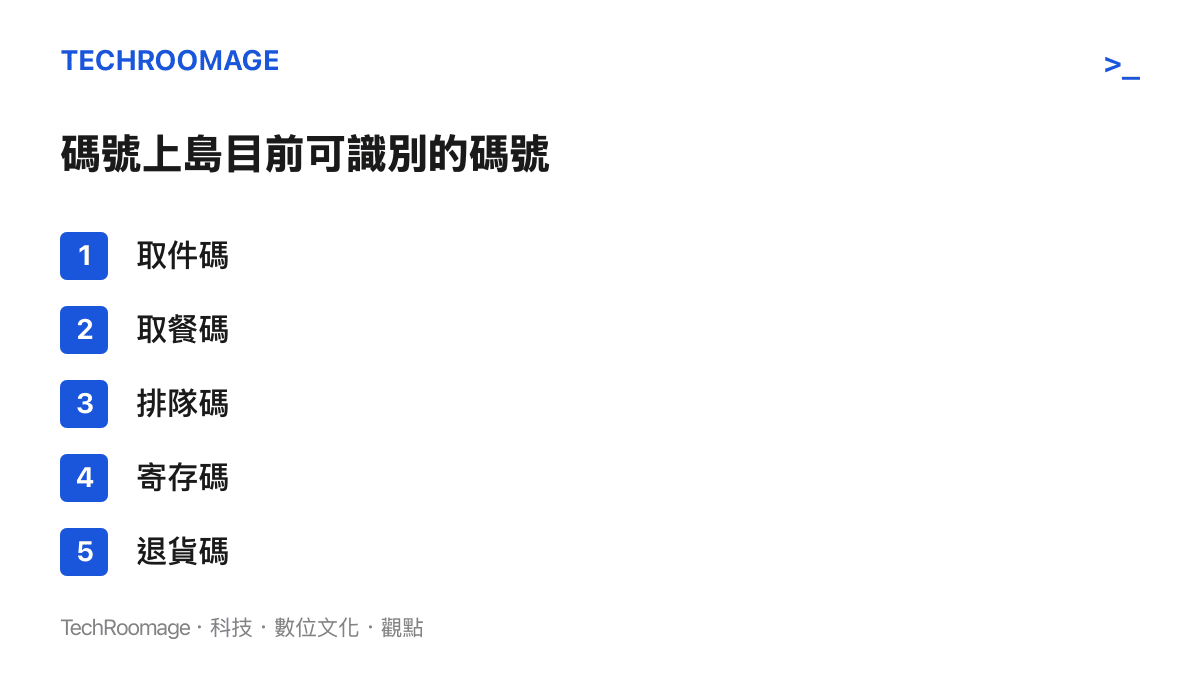 圖卡列出碼號上島功能已支援的五種碼號：取件碼、取餐碼、排隊碼、寄存碼與退貨碼