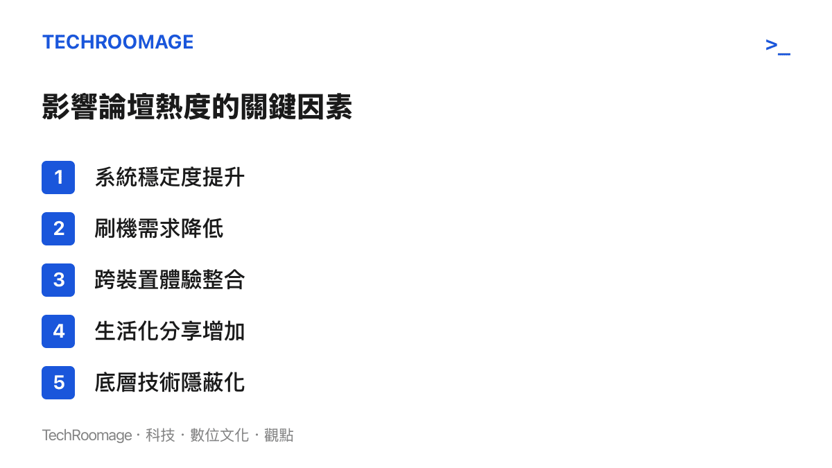 清單列舉五項導致科技論壇對系統更新討論熱度下降的關鍵因素，包含刷機需求降低與技術隱蔽化等