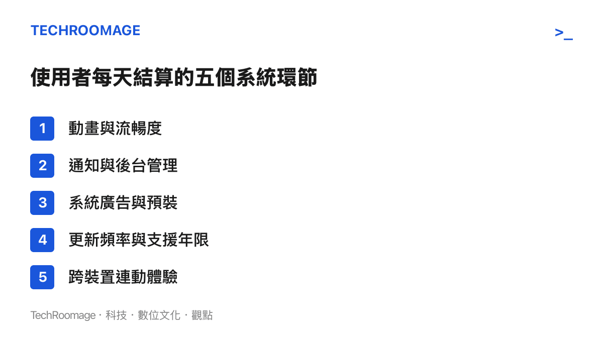 清單列出手機系統日常體驗的五個關鍵環節：動畫流暢度、通知與後臺管理、廣告與預裝、更新支援年限、跨裝置連動