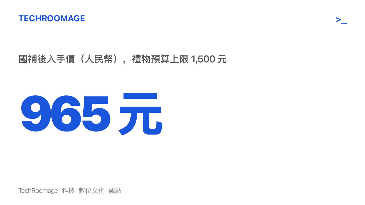 統計圖卡呈現小米手錶 S5 國補後 965 元人民幣的入手價，低於一千五百元的禮物預算上限