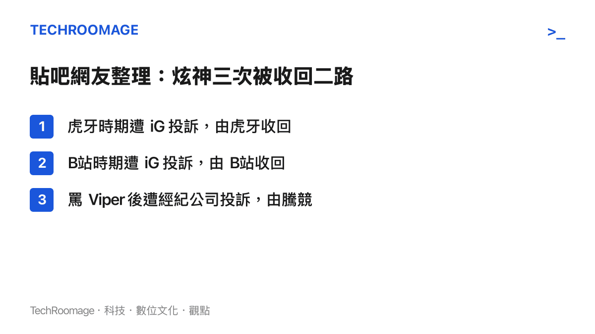 清單圖卡列出炫神三次失去二路直播權的時間序：虎牙與B站時期均因 iG 投訴被收回，第三次因罵 Viper 遭經紀公司投訴、由騰競收回