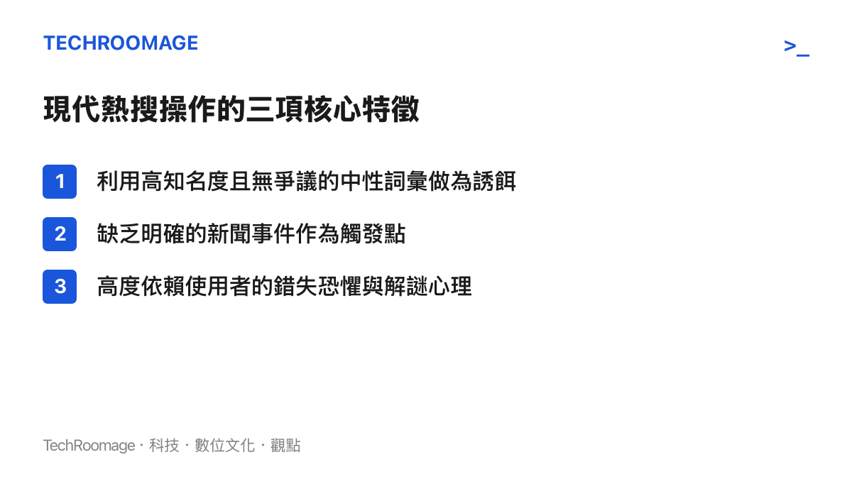 列舉現代社羣平臺熱搜操作經常使用的三項核心策略特徵