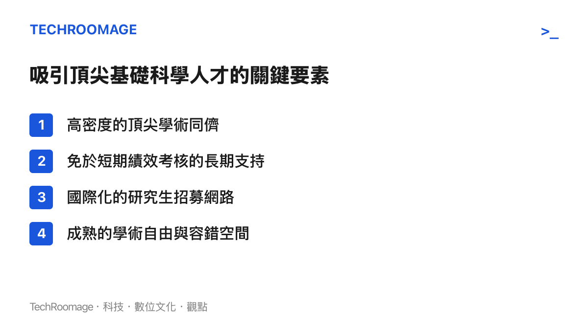 列出吸引基礎科學人才留任的四個關鍵要素包含同儕環境與學術自由等項目