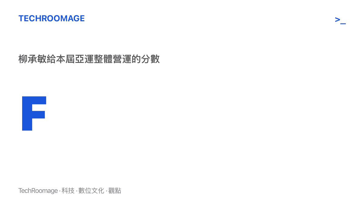 統計圖卡呈現韓國奧會主席柳承敏為名古屋亞運整體營運打出的 F 評分，意即不及格