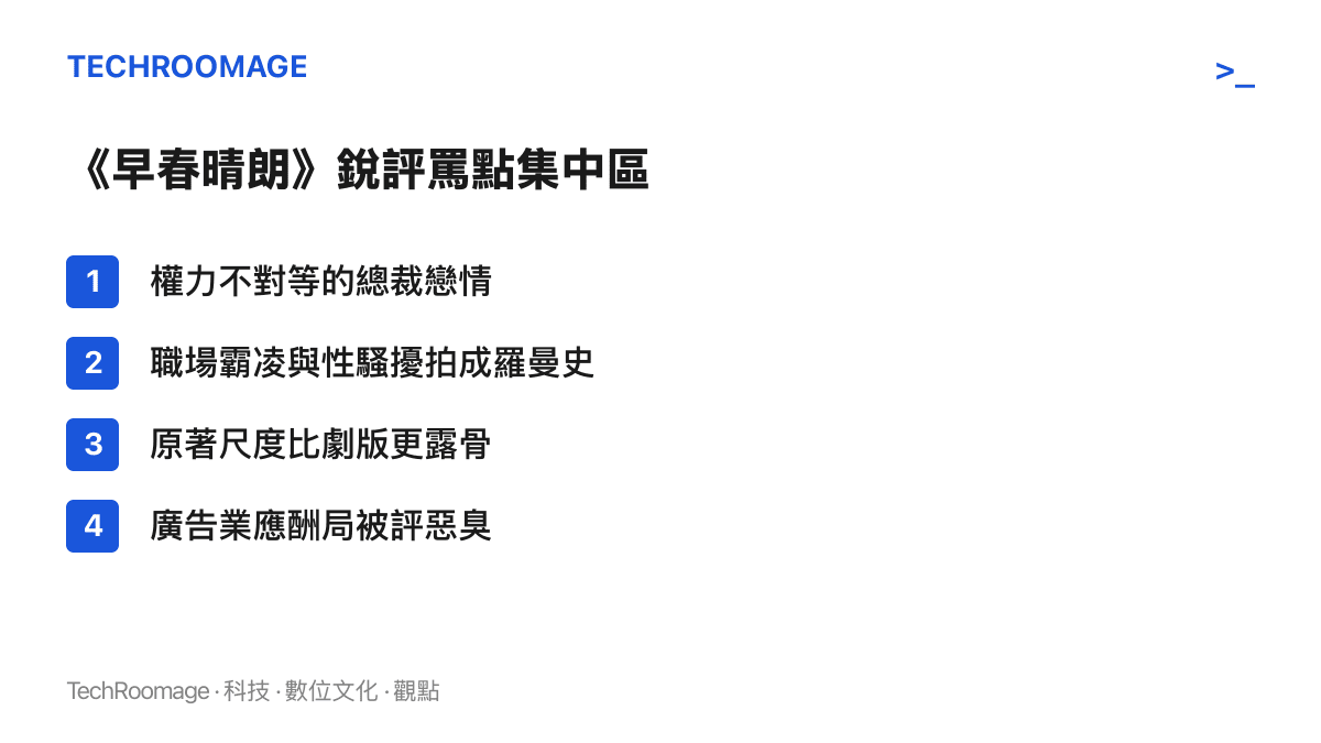 清單圖卡列出B站銳評影片對《早春晴朗》的四個主要罵點：權力不對等、職場霸凌浪漫化、原著更露骨、應酬局文化惡臭