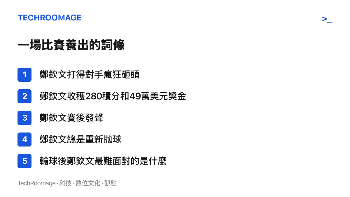 清單圖卡列出鄭欽文這場美網比賽衍生的多個熱搜與相關搜尋詞條，涵蓋對手敲頭、積分獎金、賽後發聲與發球習慣等不同切角