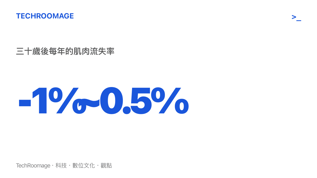這張圖卡詳細呈現了成年人自三十歲之後，每年大約會流失百分之零點五到百分之一的肌肉量，以此數據點出老化過程中肌肉衰退的必然性。