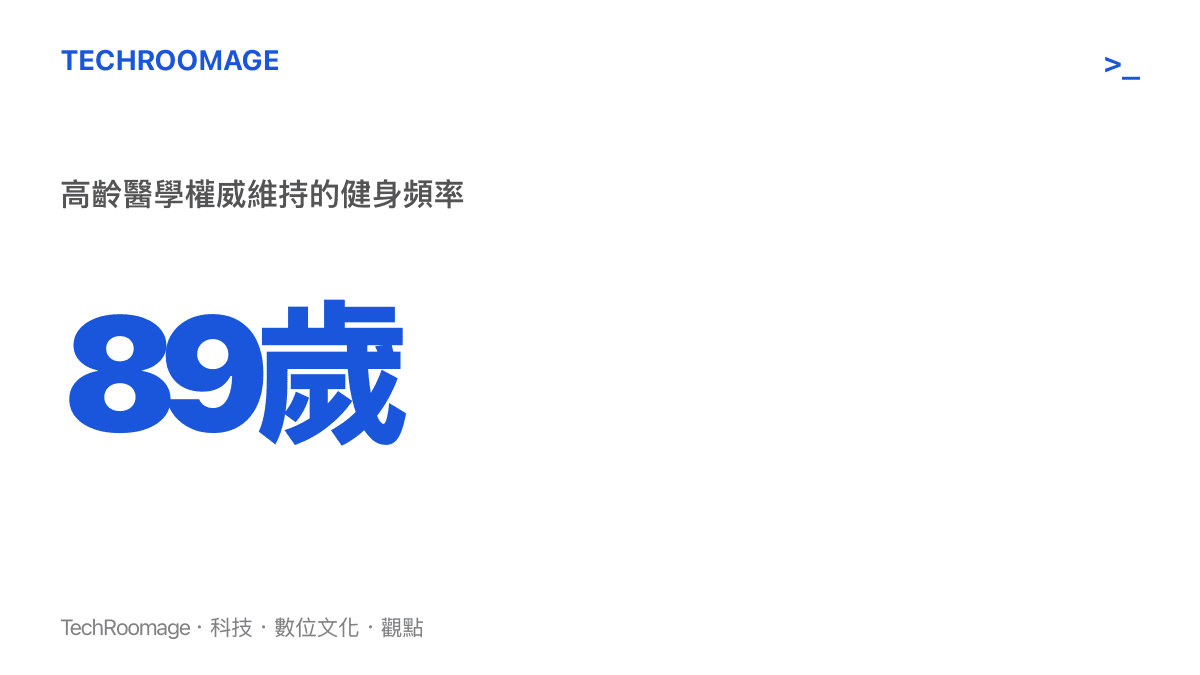這張圖卡呈現高齡醫學權威以八十九歲的年紀，依然維持穩定健身習慣的數值事實，藉此強調高齡者持續運動的可行性與重要性。