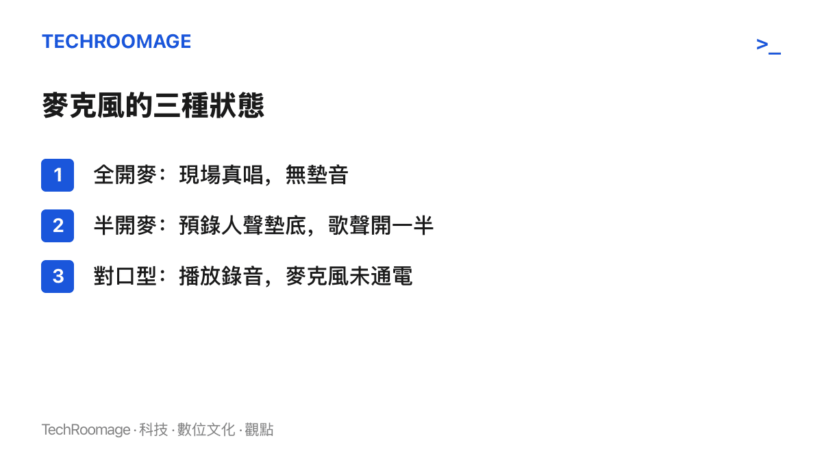 清單圖列出臺上麥克風的三種狀態：全開麥為現場真唱、半開麥以預錄人聲墊底、對口型則播放錄音，並標示各狀態的差異