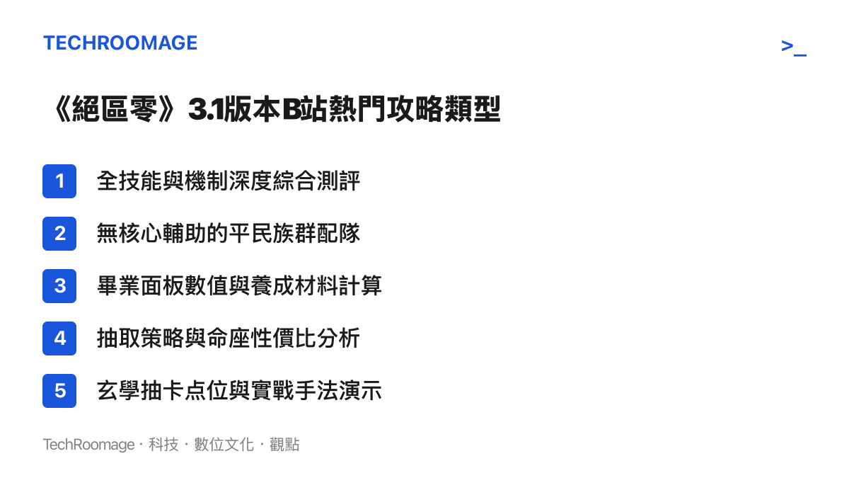 列出《絕區零》蕾米埃爾上線期間B站最常見的五種遊戲攻略影片分類